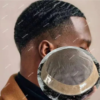 10 мм Глубокий Кудрявый Парик для мужчин Европейская Система замены человеческих волос Мужской Шиньон Моно Шнурок с полиуретаном вокруг афроамериканского парика