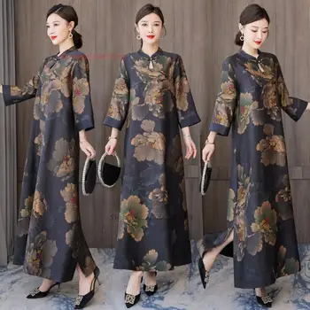 2023 китайское улучшенное женское винтажное платье ципао, атласное платье с национальным цветочным принтом, восточное этническое народное платье ципао