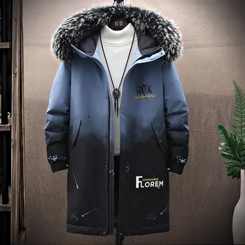 2023 Новый зимний принт средней длины с градиентным принтом, Меховой воротник, пальто с капюшоном и хлопковой подкладкой, Высококачественная водонепроницаемая куртка для мужчин