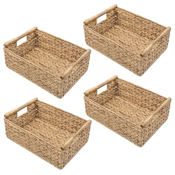 4X Маленькие плетеные корзины для организации ванной комнаты, Корзины с гиацинтами для хранения, Плетеная корзина для хранения с деревянной ручкой
