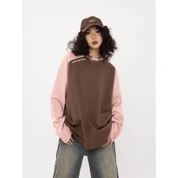 Deeptown Kpop, Винтажные лоскутные коричневые футболки, женские футболки с надписью Harajuku, базовый Топ с длинными рукавами в американском стиле ретро, топы в стиле хиппи
