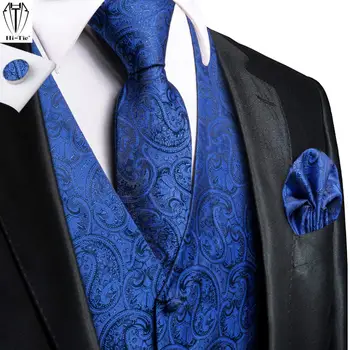 Hi-Tie Королевский синий шелковый мужской жилет с цветочным рисунком, комплект галстуков, жаккардовый жилет, куртка без рукавов, галстук-носовой платок, запонки, Свадебный бизнес