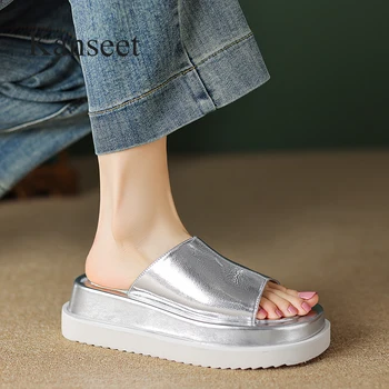 Kanseet/ лаконичные тапочки на платформе, Летняя серебристая женская обувь из натуральной кожи с открытым носком Ручной работы, высококачественные тапочки на толстом каблуке