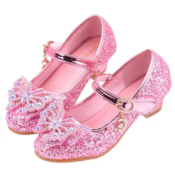 kdis/ кожаные туфли принцессы со стразами и бантом; сезонная свадебная обувь для девочек; детская банкетная обувь на высоком каблуке для студенческих выступлений