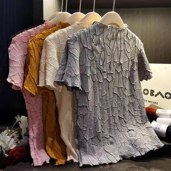 miyake, весенне-летняя дизайнерская плиссированная футболка bark, топ, женская повседневная однотонная офисная женская свободная женская футболка, винтажная одежда