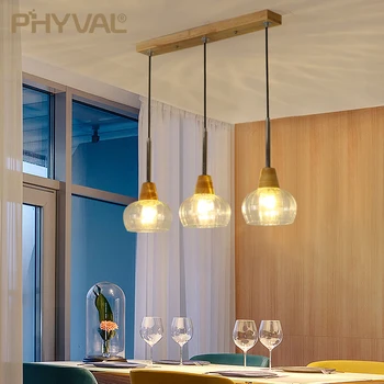 PHYVAL Люстры в Скандинавском Японском стиле с 3 головками, Столовая, Прикроватная тумбочка для спальни, подвесной светильник из дерева и стекла, подвесные светильники для домашнего декора