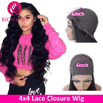 Richgirl 4x4, Объемная волна, Кружевная застежка, Парики из человеческих волос, Перуанский Парик с кружевной застежкой из человеческих волос для женщин, парики из кружева Remy 250 Плотности