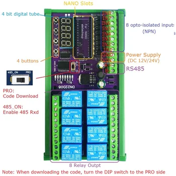 RS485 Модуль расширения экрана ввода-вывода ПЛК для Arduino NANO V3.0 DC 12V 24V 8ch Многофункциональная плата переключения таймера задержки