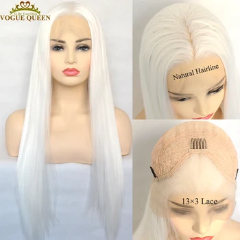 Vogue Queen Платиновый Белый синтетический парик на кружеве 13 × 3, Шелковистое прямое термостойкое волокно, натуральная линия роста волос, Косплей для женщин