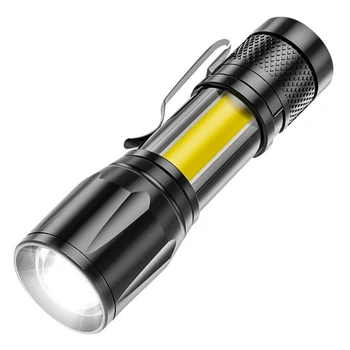 XPE + COB LED USB, перезаряжаемый Портативный фонарик с телескопическим зумом, 400 мАч, встроенный аккумулятор, бытовой пластиковый фонарик, ночной фонарь