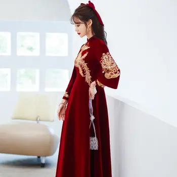 Yourqipao/Женская Одежда Для беременных, Китайское Зимнее Свадебное Платье, Одежда Xiuhe для беременных, Бордовые Длинные Платья Cheongsams