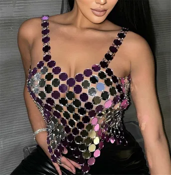 Блестящий акриловый укороченный топ с пайетками и открытой спиной для женщин 2023, модная сексуальная прозрачная фиолетовая вечерняя одежда без рукавов на плечо, подарок для вечеринки