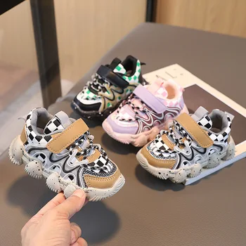 Весенняя Новая Детская обувь для мальчиков, Детская спортивная обувь Для маленьких девочек, Клетчатая кожаная Модная папина обувь, Кроссовки