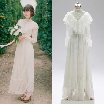 Викторианская эпоха, кружевное свадебное платье с длинным рукавом, свадебное платье длиной до чая, настоящая фотография, цена по прейскуранту завода-изготовителя на заказ