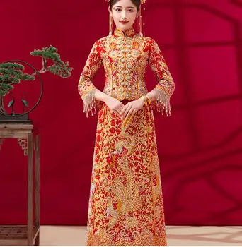 Высококачественная Одежда Xiuhe, Китайское свадебное платье с Фениксом, Женское весеннее платье, Блестящее