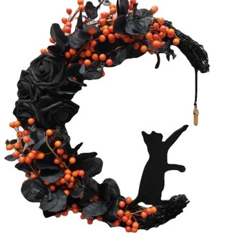 Гирлянда с Лунным котом на Хэллоуин с украшениями в виде розы и черного цвета, Гирлянда на Хэллоуин, Венок на Хэллоуин для входной двери, декор на Хэллоуин