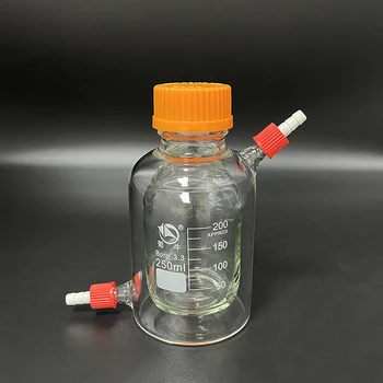 Двухъярусная цилиндрическая колба с плоским дном с одним горлышком 250 мл GL45mm, реакторная бутылка с мезонинной оболочкой, С соплом GL14mm