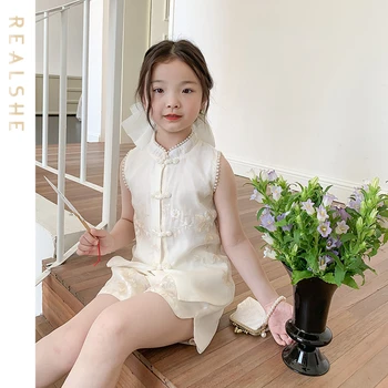 Детская одежда в китайском стиле, однотонные рубашки с вышивкой без рукавов, Шорты, комплект летней детской одежды для девочек из 2 предметов