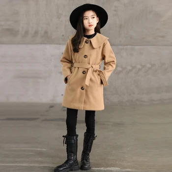 Детское пальто для девочек, зимние шерстяные куртки, плотная и теплая корейская модная одежда, детская верхняя одежда от 6, 8, 10 до 12, 14, 15 лет