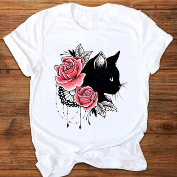 Женская графическая мультяшная кошка, животное, цветок, модная печать, Одежда с принтом в стиле 90-х, женские футболки, топы, Женская футболка, Женская футболка