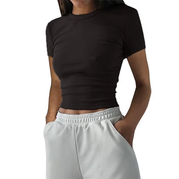 Женская повседневная летняя рубашка из рубчатого трикотажа, укороченный топ с коротким рукавом, Летняя приталенная футболка с круглым вырезом, простые базовые футболки для вечеринок, уличная одежда