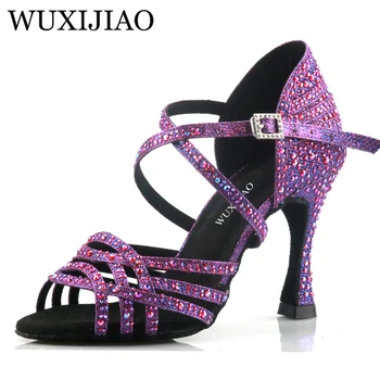 Женские фиолетовые туфли для латиноамериканских танцев Wuxi, Новые танцевальные туфли, Уникальный дизайн, Обувь для Сальсы, Сандалии с бриллиантами