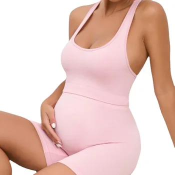 Женские шорты для йоги для беременных, комплект для спорта, бега, однотонный розовый бюстгальтер с высокой талией, пуш-ап, Короткие брюки для беременных, 2 предмета, одежда для фитнеса