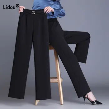 Женские эластичные однотонные широкие брюки с высокой талией для поездок на работу, Летние офисные Женские Свободные универсальные брюки с прямыми карманами