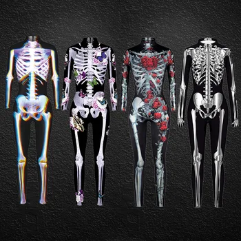 Женский комбинезон со скелетом для взрослых, костюм с черепом-призраком, Карнавальные костюмы на Хэллоуин, цельнокроеный костюм с 3D скелетом, косплей с длинным рукавом