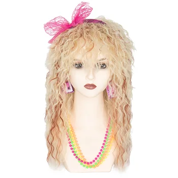 Женский костюм Miss U Hair 80-х годов, парик, длинный кудрявый парик для косплея с повязкой на голову, серьгами, ожерельем и браслетом, рокер 80-х годов