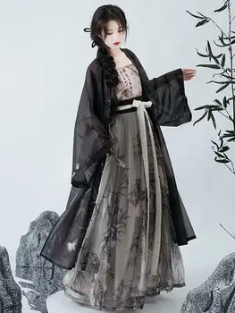 Женское платье Hanfu в Китайском стиле, традиционная черная женская одежда Hanfu, Летний Черный комплект из 3 предметов для женщин