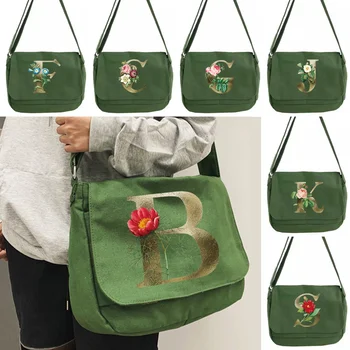 Зеленая Золотая холщовая сумка-мессенджер с милым медведем с цветочным принтом, Трендовая Японская литературная сумка через плечо, Повседневная сумка для покупок, женская сумка