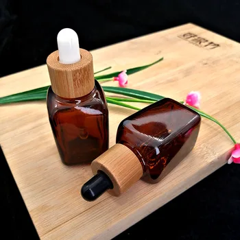 квадратная бутылка-капельница янтарного цвета объемом 30 мл, экологичная бамбуковая крышка, упаковка для косметических эфирных масел для ароматерапии