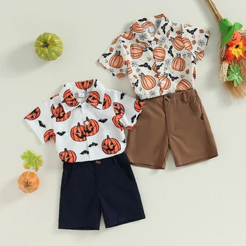 Комплекты одежды для маленьких мальчиков на Хэллоуин из 2 предметов, рубашка с коротким рукавом и принтом тыквы, рубашка с отложным воротником и однотонные шорты, летняя одежда