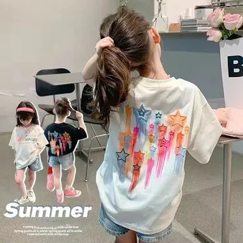 Корейская версия Для девочек, новинка 2023 года, детская футболка с рисунком аниме из чистого хлопка для маленьких девочек, детский топ с короткими рукавами