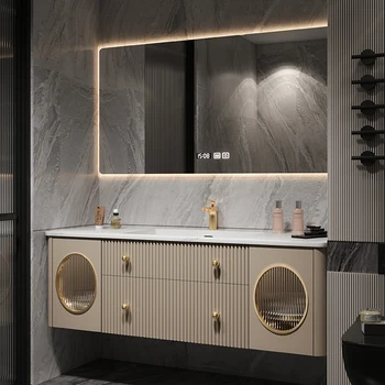Легкая роскошная каменная плита в американском стиле, бесшовный керамический тазик, дубовый шкаф для ванной комнаты, комбинированная ванная комната