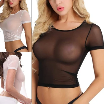 Летний женский прозрачный топ, сексуальная сетчатая прозрачная футболка, однотонный облегающий эстетичный Прозрачный женский соблазн, эластичные мягкие топы