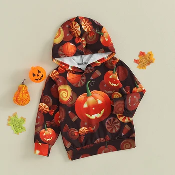 Малыши Для Маленьких Девочек и мальчиков, толстовки с капюшоном на Хэллоуин, пуловер с капюшоном с принтом тыквы и буквенным принтом, осенние топы