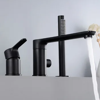 Матовый черный полностью из цельной латуни, медный смеситель для ванны, смеситель с одной ручкой и тремя отверстиями, высококачественный дизайн, Поворотный смеситель для душа