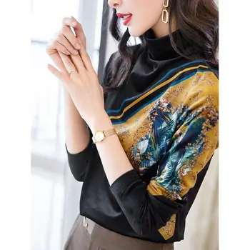 Модный винтажный китайский стиль с наполовину высоким воротником из золотистого бархата, облегающая водолазка, футболка с рисунком птицы, Футболки с принтом, новинка