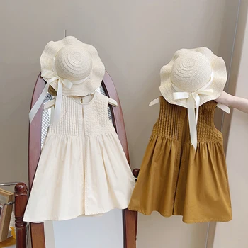 Новое Поступление, Летняя Детская одежда, Детское Однотонное платье без рукавов в Корейском стиле для маленьких девочек