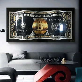 Плакат на холсте с изображением долларовых денег и принтом Биткоин Доллар Настенная живопись с металлическим эффектом Современная гостиная Домашний декор Картина Куадрос