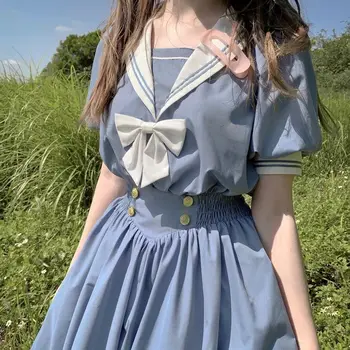 Платье в корейском стиле JK, универсальное для летних студентов, свободного кроя, темно-синий воротник, сказочная юбка трапециевидной формы