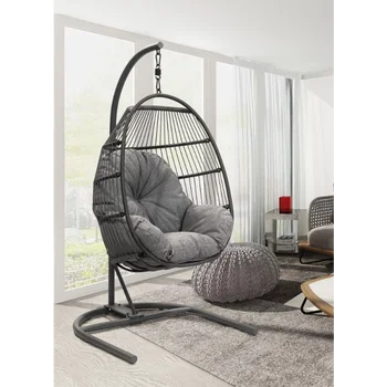 Подвесной стул для яиц во внутреннем дворике с олефиновой подушкой и металлической подставкой, серый