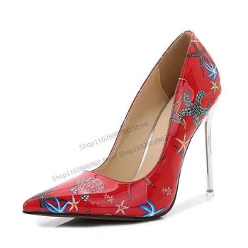 Разноцветные Туфли-лодочки из лакированной кожи с цветочным принтом и Декором; Женская обувь на высоком Каблуке на шпильке; Слипоны с острым носком; 2023; Zapatos Para Mujere