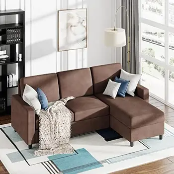 Раскладной секционный диван-кушетка с реверсивным шезлонгом, L-образный диван с современной льняной тканью для небольшого пространства (темно-серый)