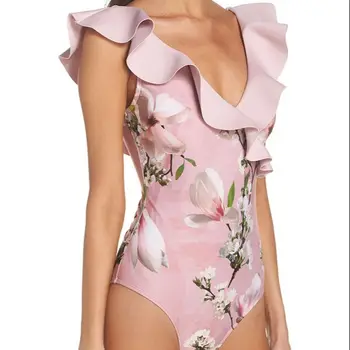 Розовый Цельный купальник, Модный Комплект Бикини с оборками, купальники с V-образным вырезом и цветочным принтом, женский купальный костюм с крышкой, Летняя Пляжная одежда