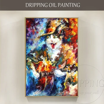 Ручная роспись, Забавный дизайн, Высококачественная Картина маслом с изображением кота-ковбоя, Насыщенные цвета, Текстурированный кот, играющий на гитаре, Картина маслом