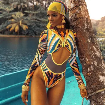 Сексуальный купальник с длинным рукавом, Цельный африканский купальник, купальный костюм с высокой талией, Женский сетчатый купальный костюм для женщин, Монокини на молнии