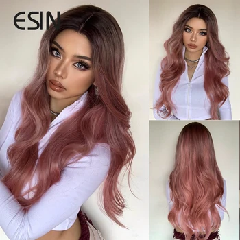 Синтетические парики ESIN Длинный Розовый Парик на кружеве Спереди для женщин, натуральные волосы, Волнистая средняя часть, Повседневные Волосы, завязанные вручную